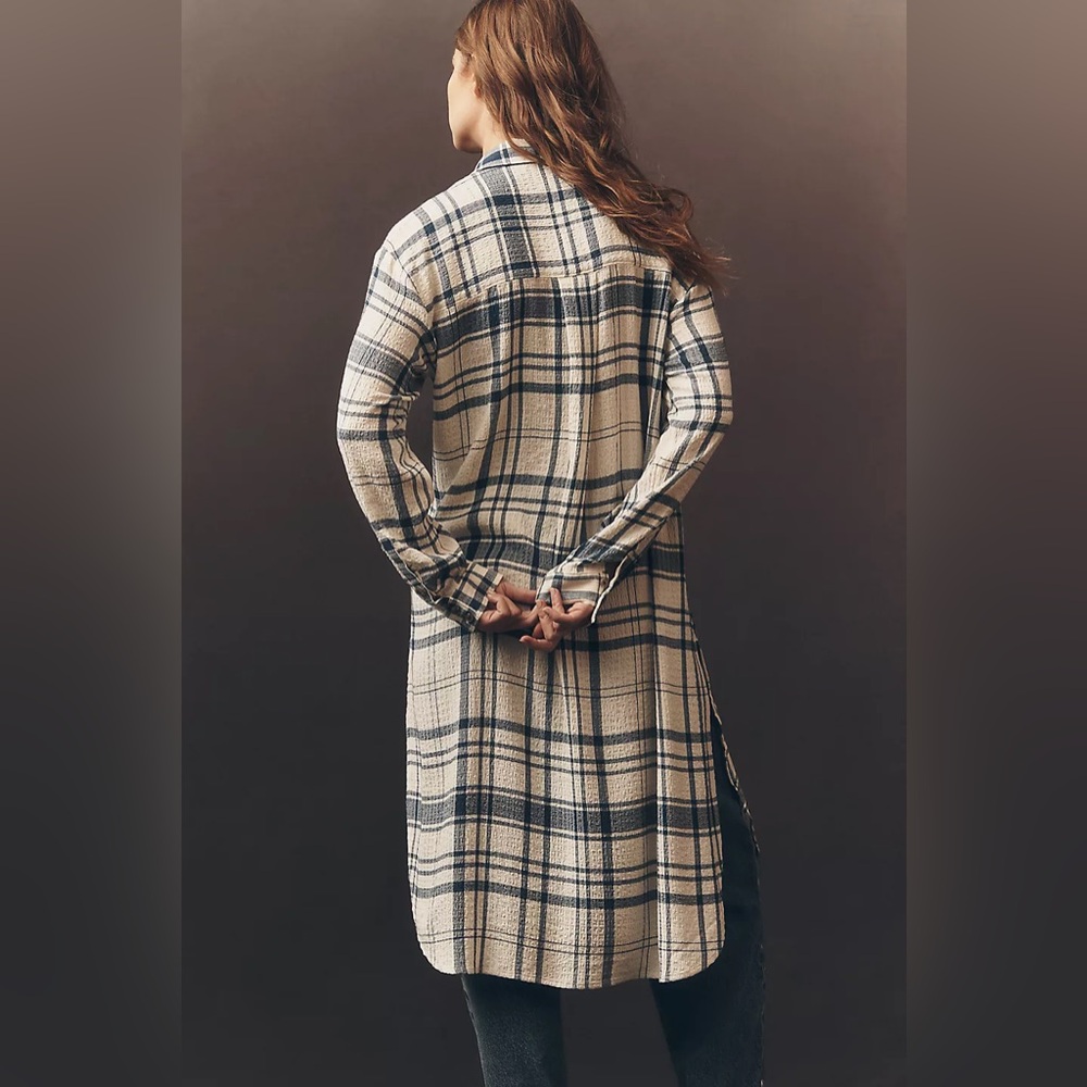 Anthropologie Pilcro Side-Slit Maci Tunic Buttondown in Ivory Plaid, size L, NWT - Picture 3 of 12